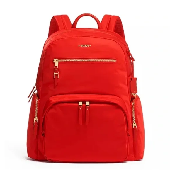 Tumi Red Voyageur Carson Backpack Gold Nylon Laptop Bag Travel NWOT - Picture 2 of 9
